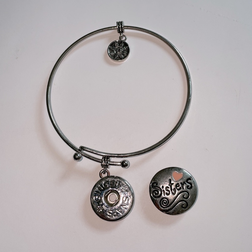 Ginger Snaps Sisters Heart &  Flower Charms 1-Snap Wire Bangle Bracelet Silver
